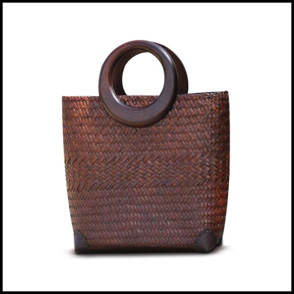 Hand-Woven Rattan Tote Bag Boho Chic Summer Beach Travel Wood Handle